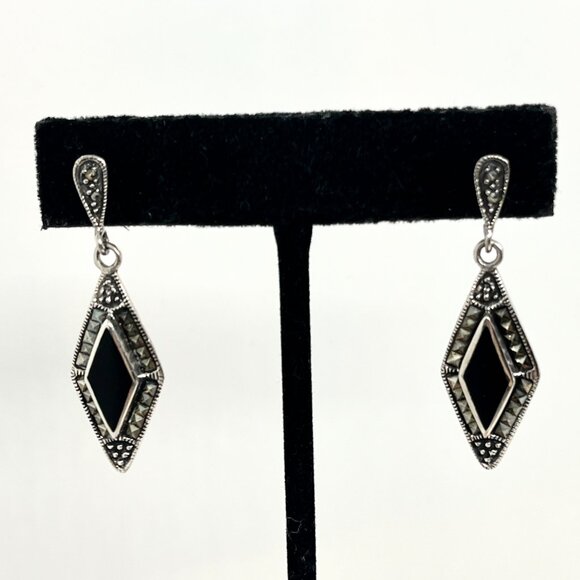 VINTAGE 925 STERLING SILVER MARCASITE ONYX DROP EARRINGS PIERCED ART DECO - Picture 6 of 15